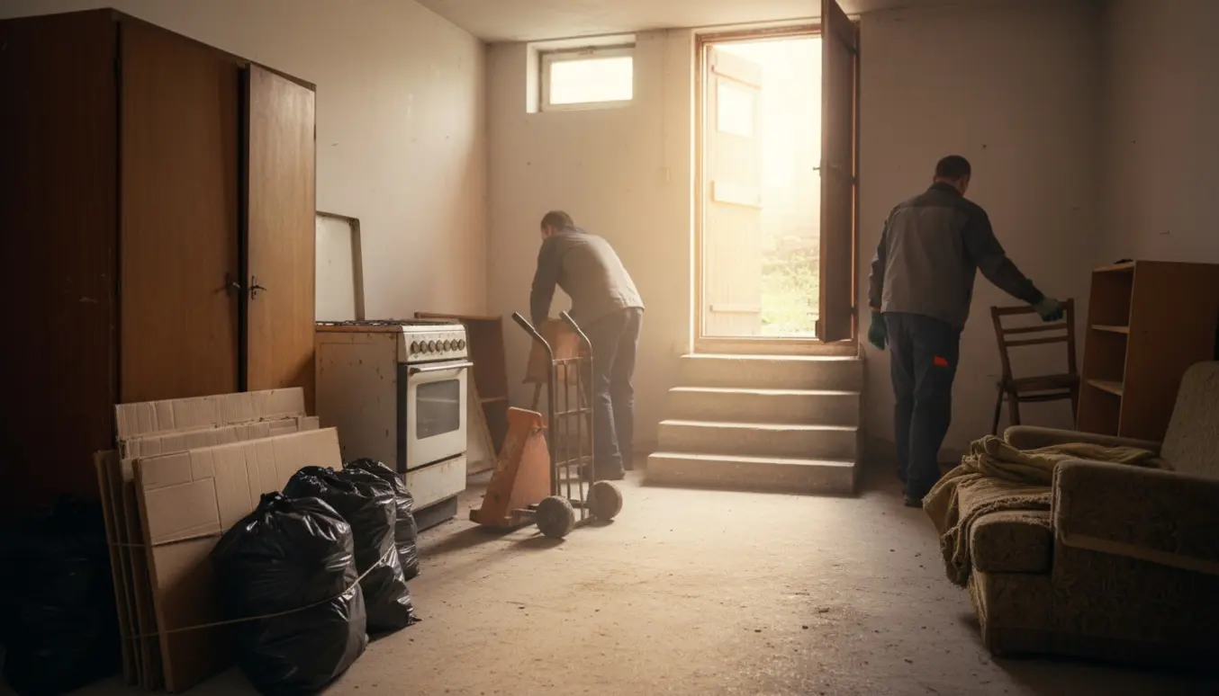 Et kælderrum under tømmearbejde med møbler, et gammelt komfur og sække med affald klar til bortskaffelse.