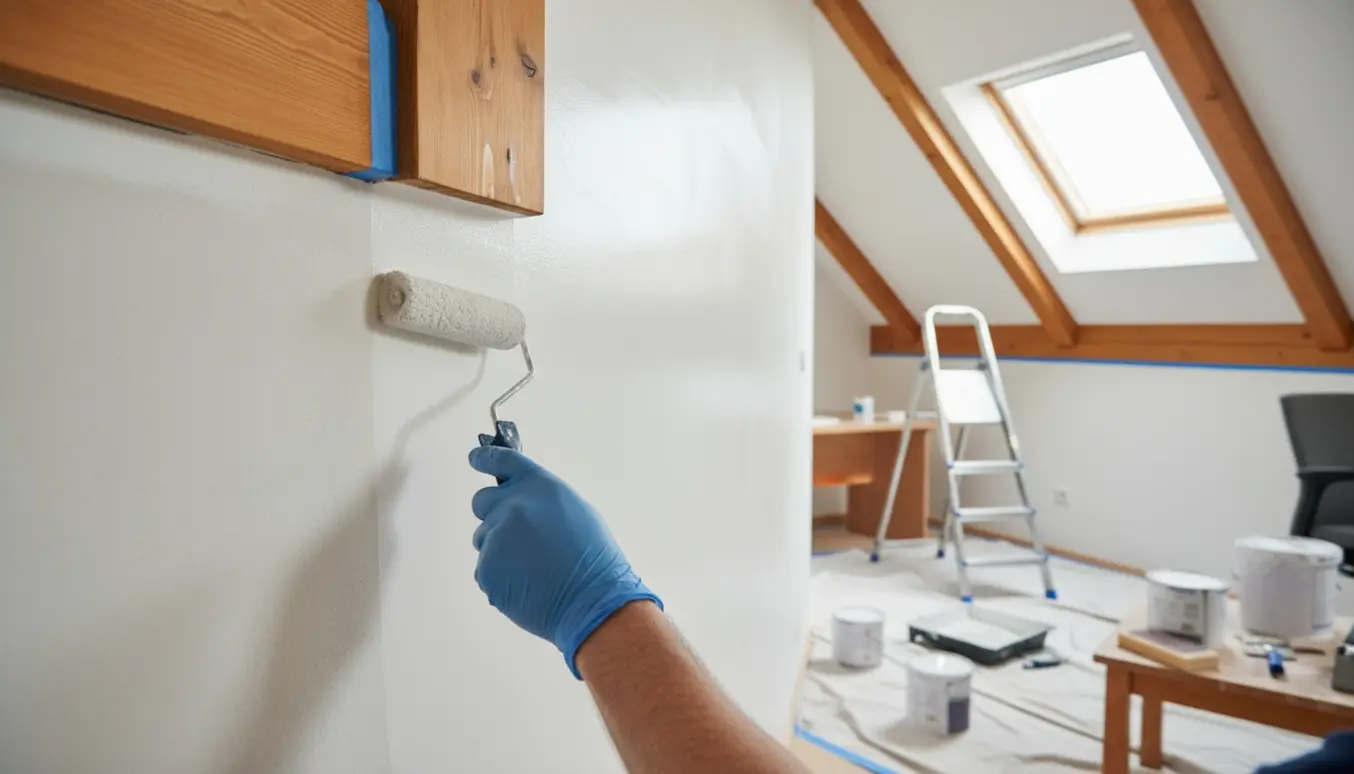 Nærbillede af maling i et lyst 32 m² kontor med skråvægge og fritlagte træbjælker.