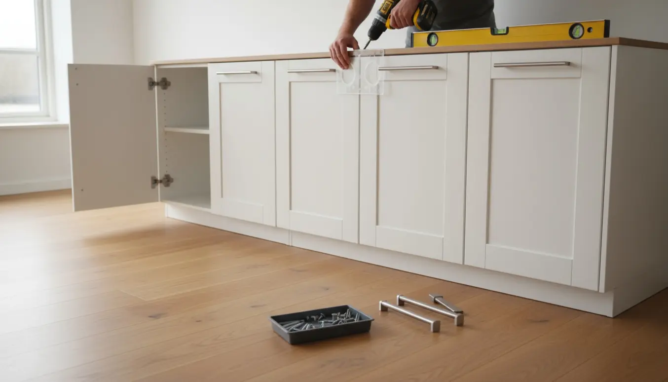 Hænder monterer greb på to hvide skabe med værktøj og vaterpas i et lyst rum.