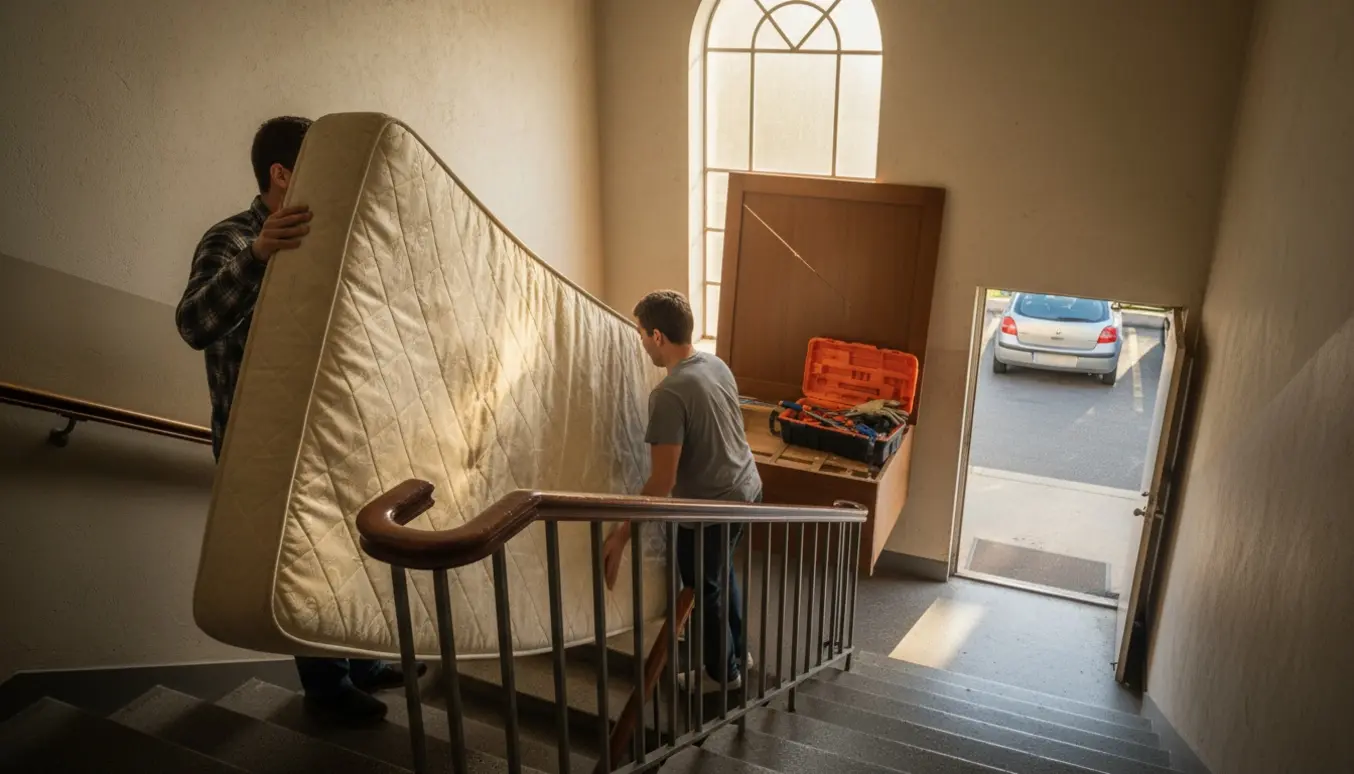 En adskilt dobbeltseng bæres ned ad trappen mod parkeringspladsen med værktøj og sengedele på reposen.