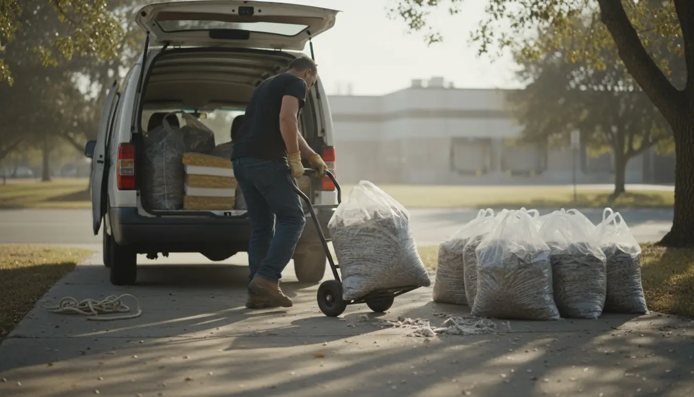 En person læsser tunge isoleringsposer (papirsuld og isoleringsbats) ind i en varevogn på en indkørsel.