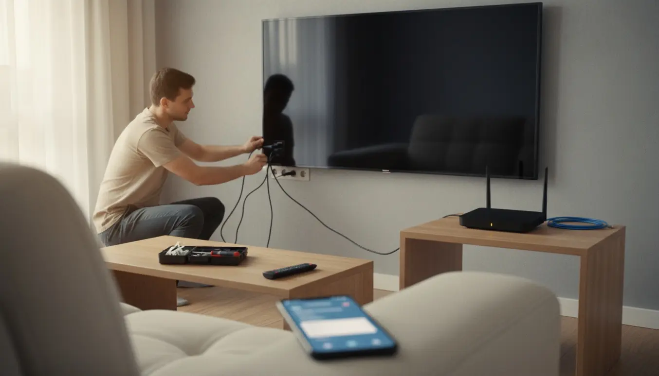 Person tilslutter kabler til et fladskærms-tv med sort skærm, med router og telefon ved siden af.