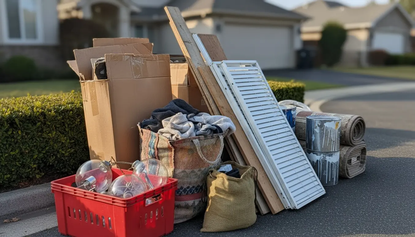 Blandet storskrald ved kantstenen klar til afhentning med pap, stofpose, træ, persienner, malerspande, tæpper og lamper i en rød plastikkasse.