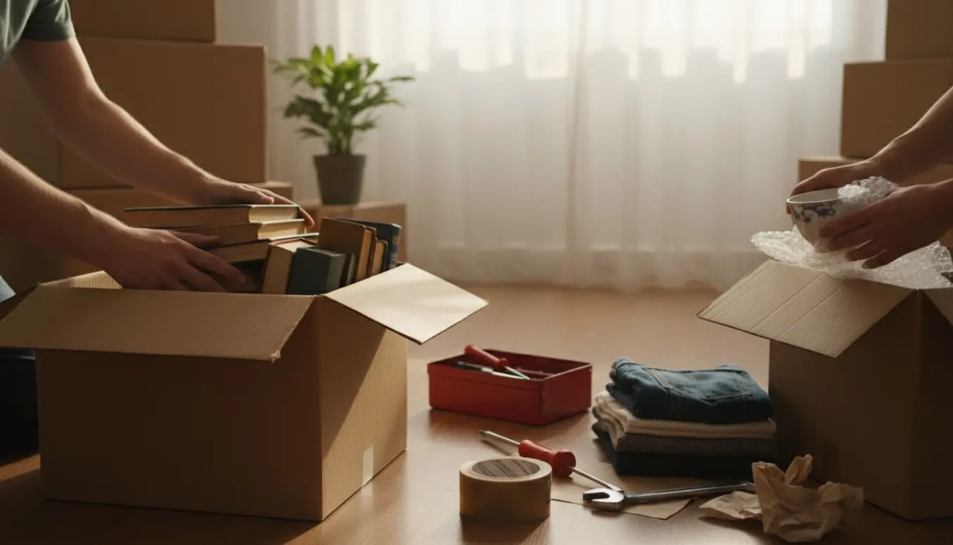 Hænder fylder flyttekasser med bøger, indpakket porcelæn, tøj og værktøj i en lys stue.