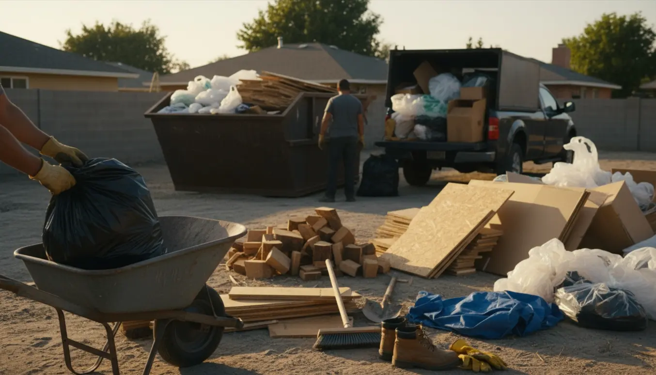 Ryggen af en person læsser træ, spånplader, pap og plastik i en container under oprydning.