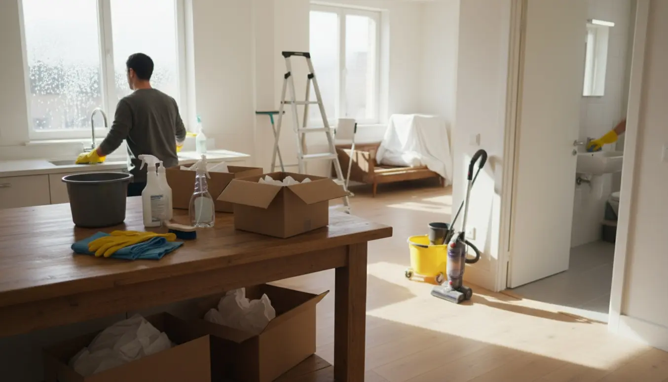 Solbelyst lejlighed under grundig rengøring efter dødsbo med rengøringsudstyr og en person vist bagfra.