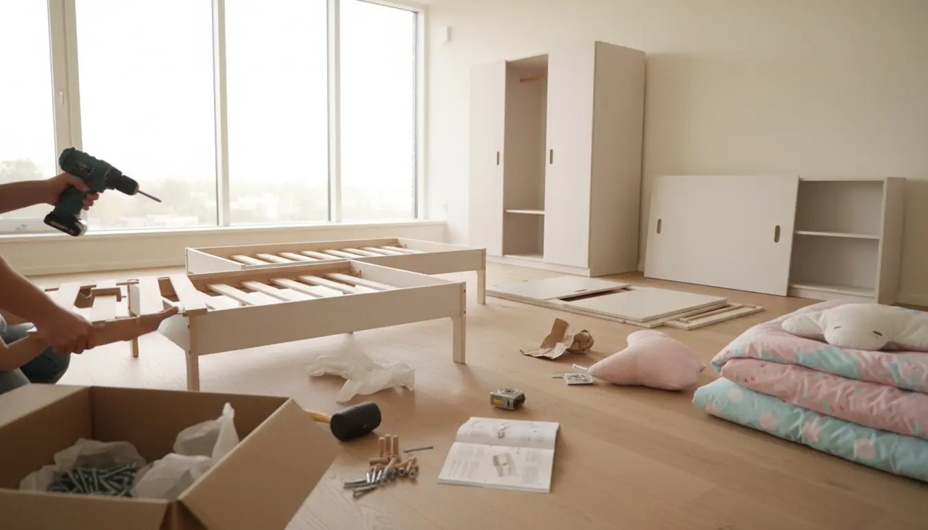 Hænder samler to skabe og to børnesenge i en lys stue med værktøj og pakkematerialer.