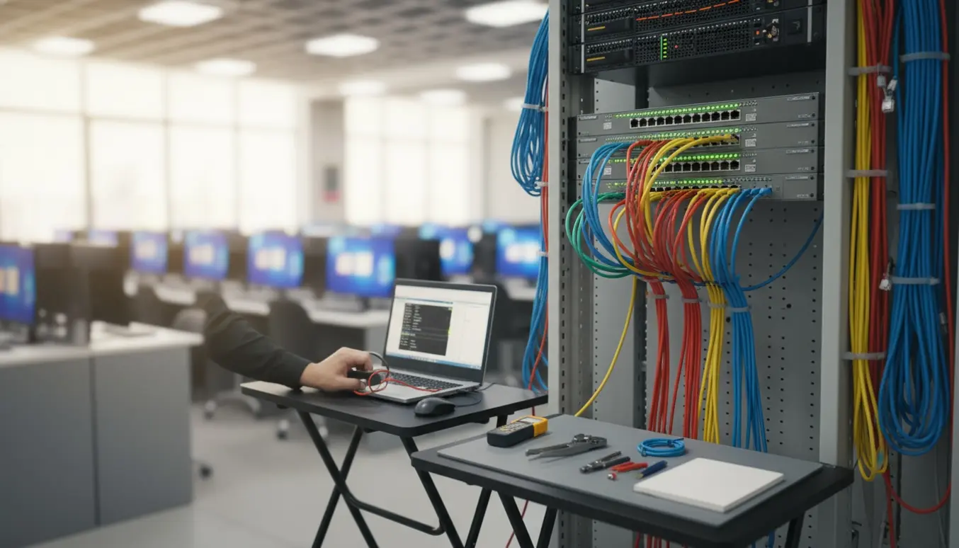 Tekniker tjekker serverrack og kabling i en netcafé med rækker af PC'er i baggrunden.