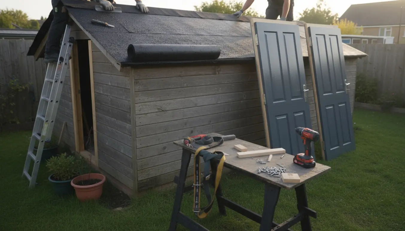 Et anneks med nyt tagpap under installation og to nye døre klar til montering.