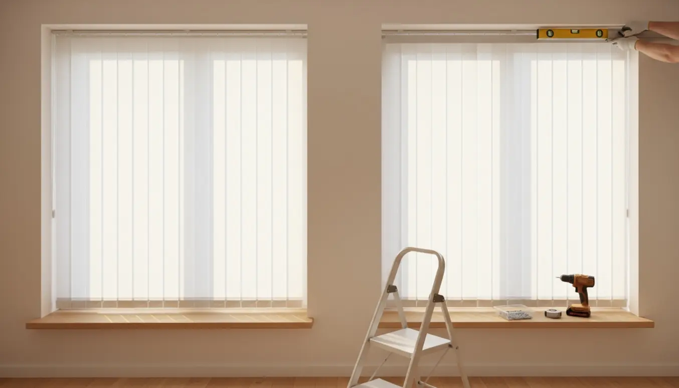 To vinduer med lamelgardiner, hvor den ene er færdigmonteret og den anden er ved at blive hængt op med værktøj i fokus.