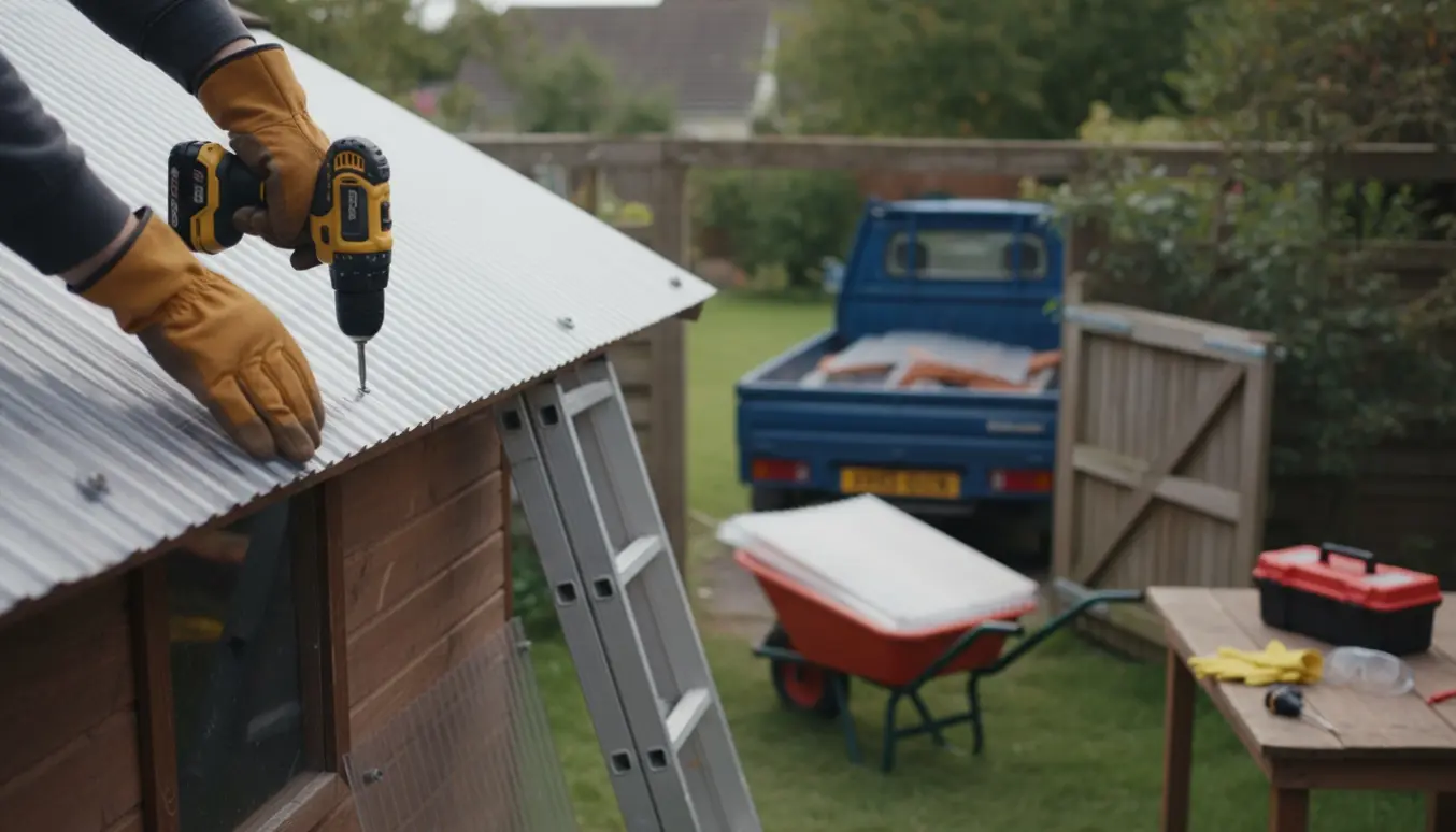 Udskiftning af taget på et havehus med hænder, skruemaskine, nye bølgeplader og gamle plader samlet til bortskafning.