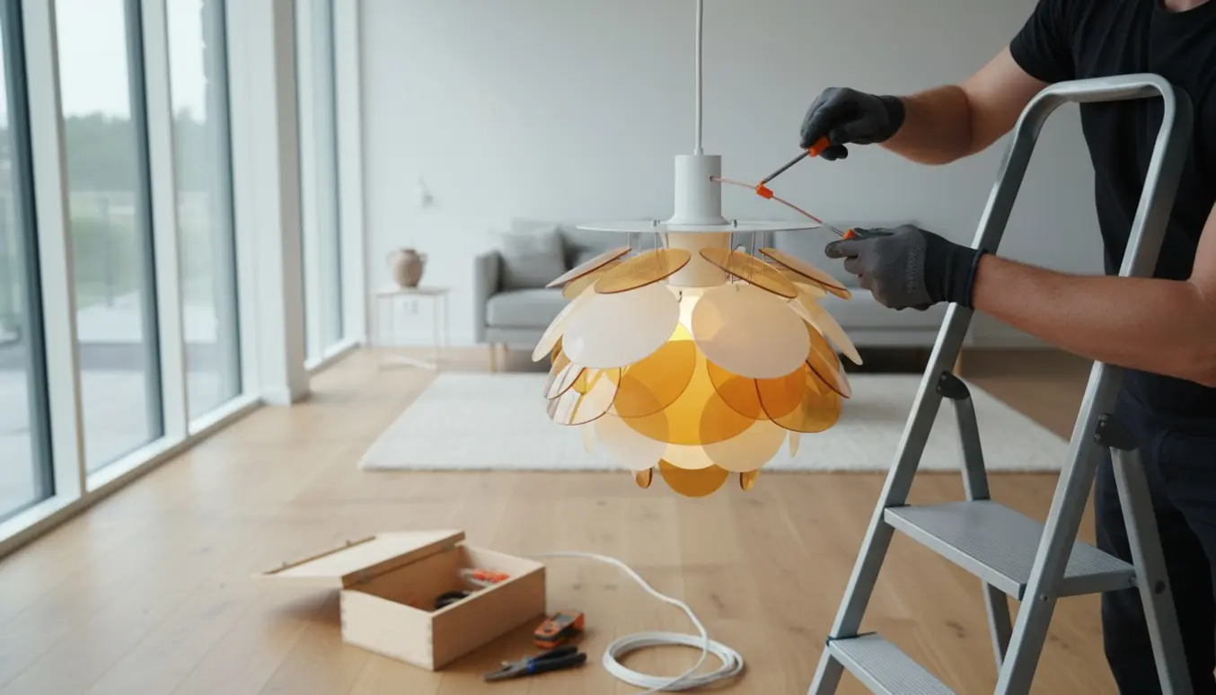 En person monterer en Flowerpower VP7 loftslampe og tilslutter ledninger i en lys skandinavisk stue.