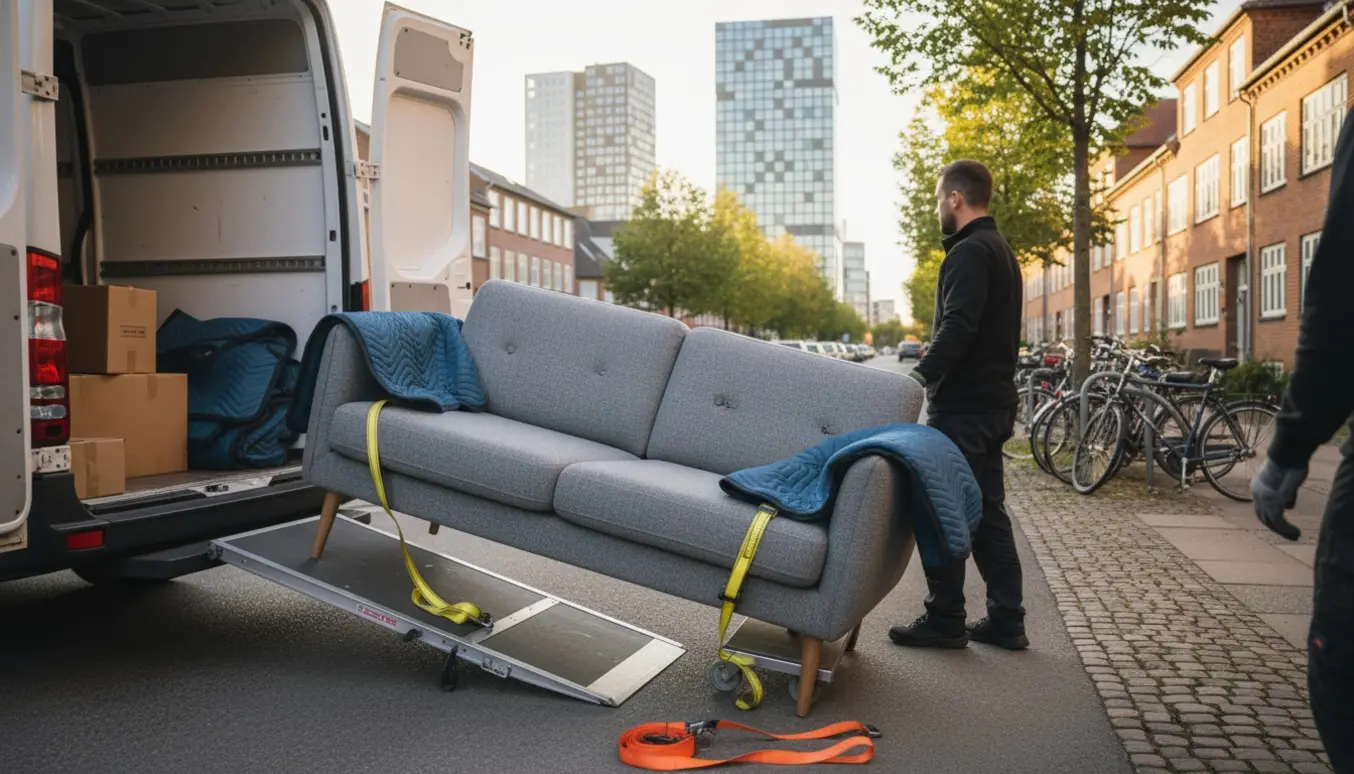 En 2-personers sofa læsses ind i en flyttebil på en stille københavnsk gade med moderne byggeri og boligkvarter i baggrunden.