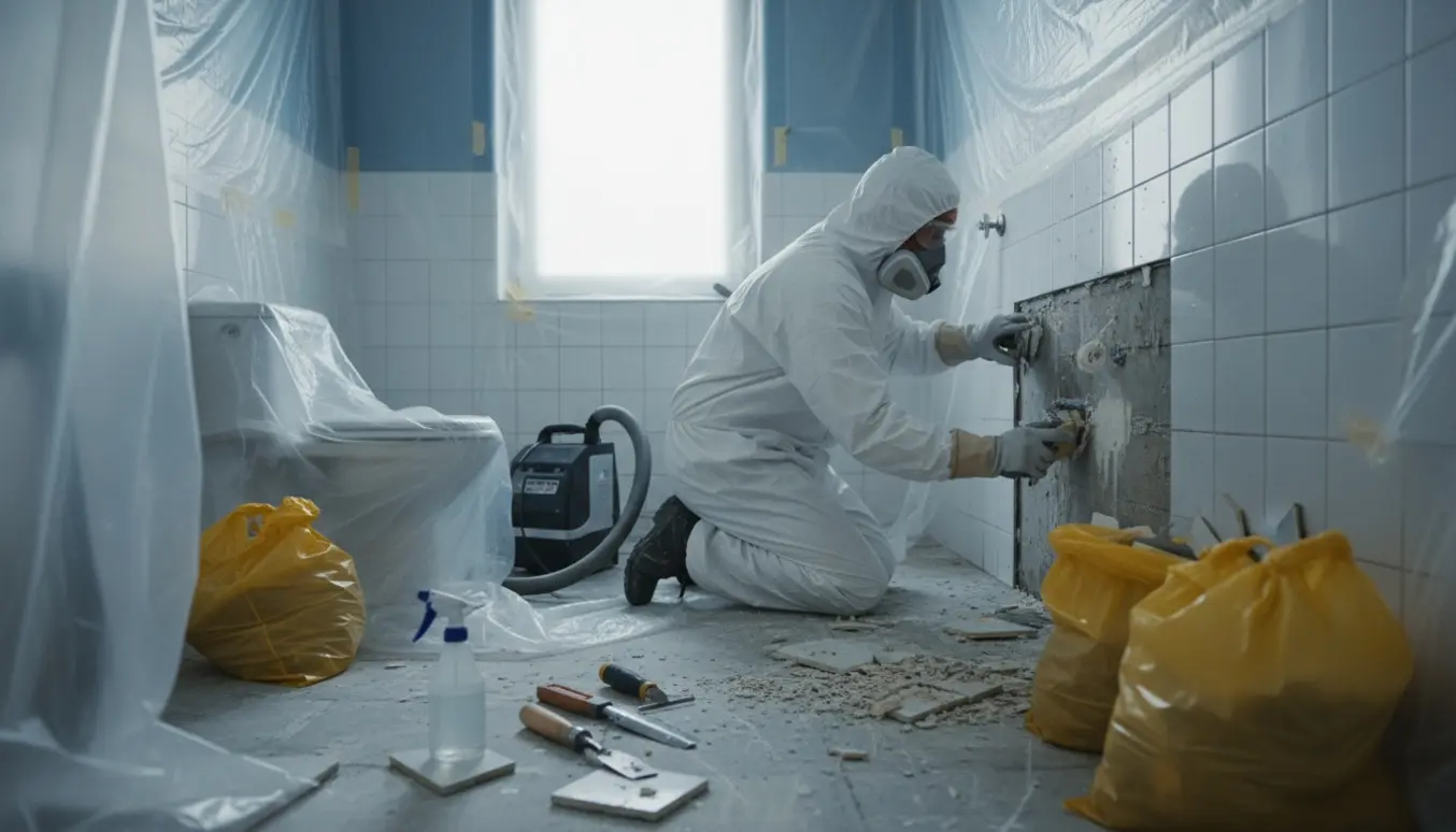 En person i beskyttelsesdragt fjerner fliser i et lille badeværelse og pakker affald i forseglede sække under kontrolleret afdækning.