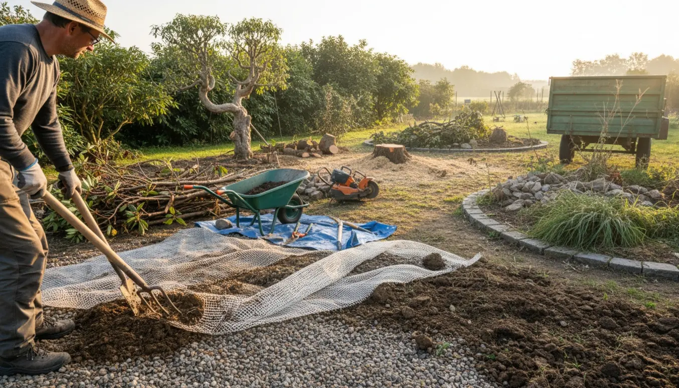 Gartnere rydder et stort bed med fiberdug og skårver, beskårne buske, stubbe og trailer klar til bortkørsel.