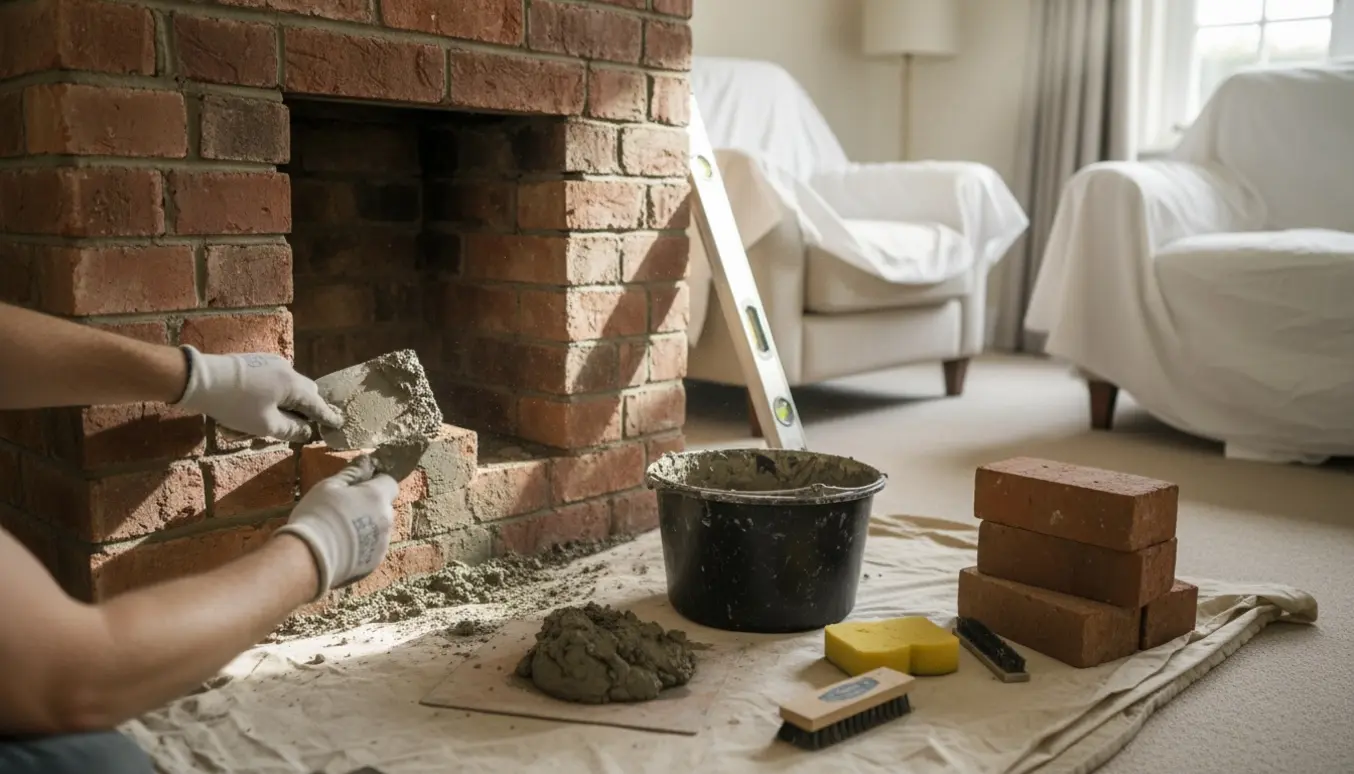 Nærbillede af murerhænder, der murer et hul i skorstenen med mursten og mørtel efter fjernet brændeovn.