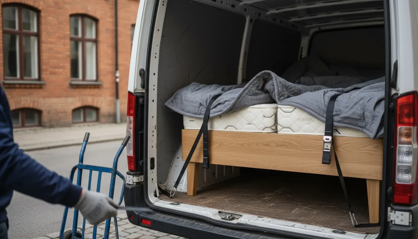 En samlet 120x200-seng bliver læsset ind i en varebil på gadeplan i Aarhus, beskyttet med tæpper og stropper.
