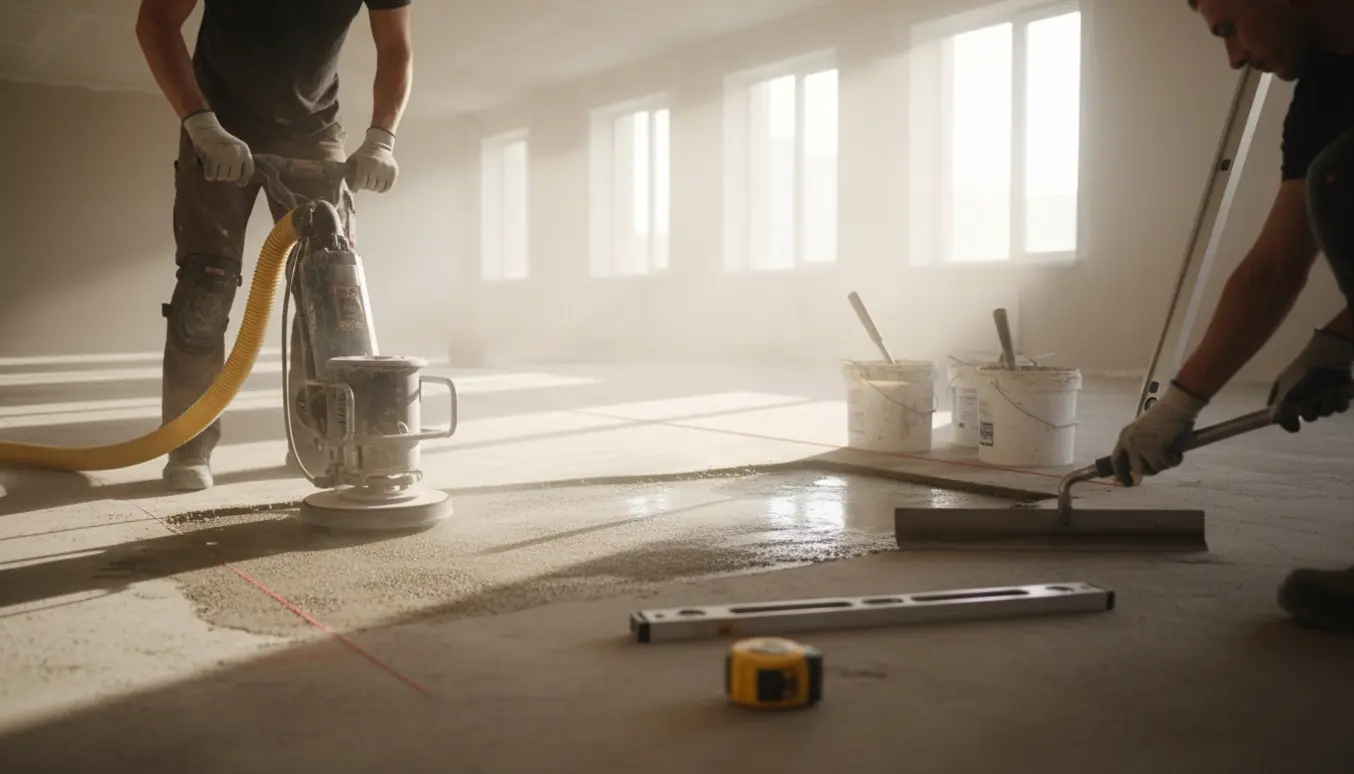 Gulvopretning i et lyst rum med sliber og håndspartel, ansigter ikke synlige.