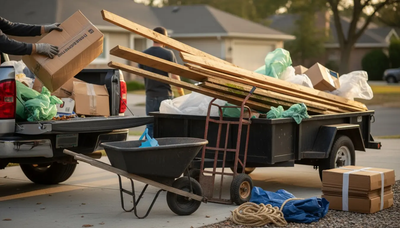 Handsker læsser blandet træ, pap og plastik ind i en åben trailer på en indkørsel.