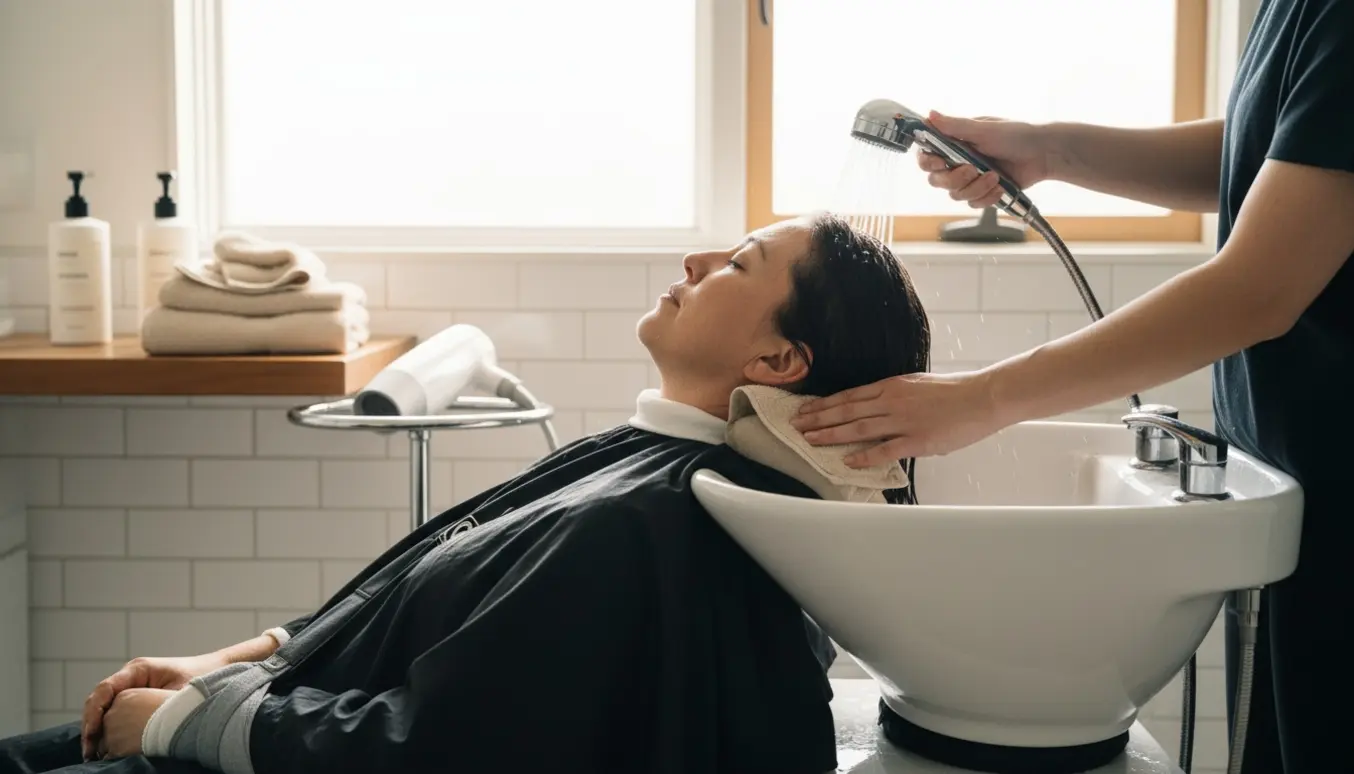 En person med skulderslynge får hjælp til at vaske og føntørre håret i et lyst badeværelse.