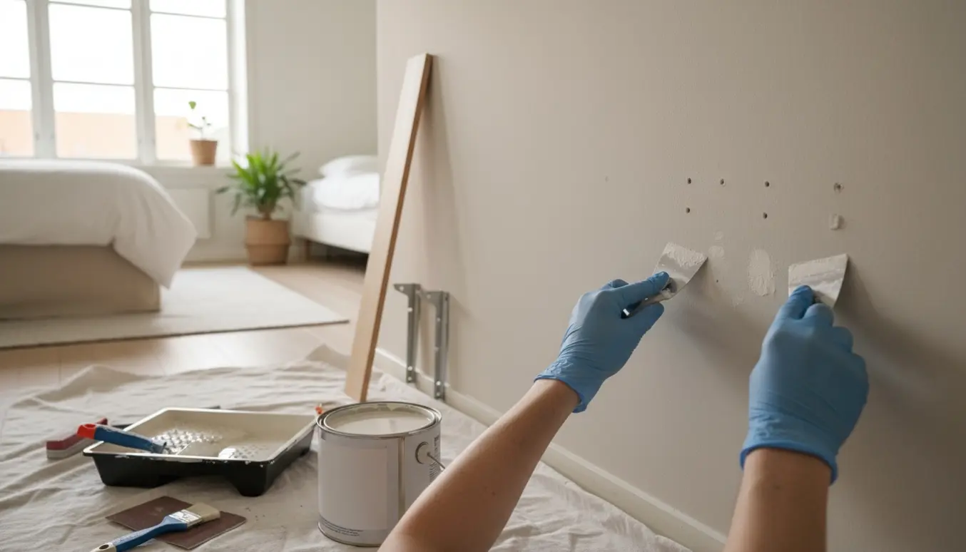 Nærbillede af spartling og maling af vægge i lys lejlighed med afmonteret skriveplade.