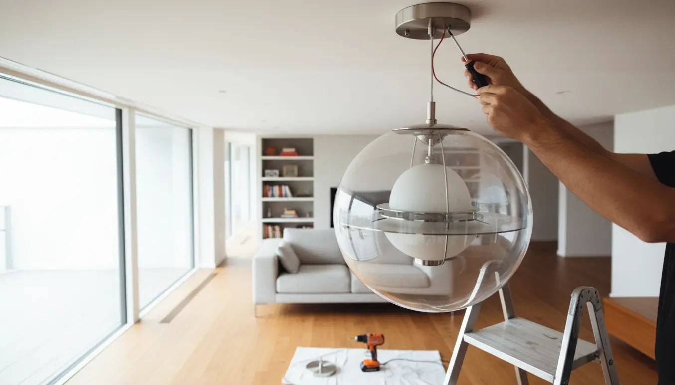 Hænder monterer en rund Verner Panton-globe loftslampe fra en stige i en moderne stue.