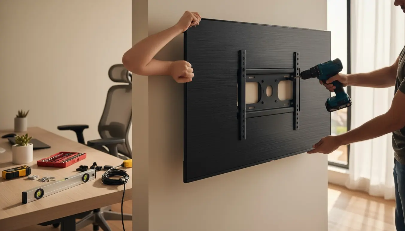 Hænder monterer en 43-tommer fladskærm på væggen i et lyst gæsteværelse/kontor.