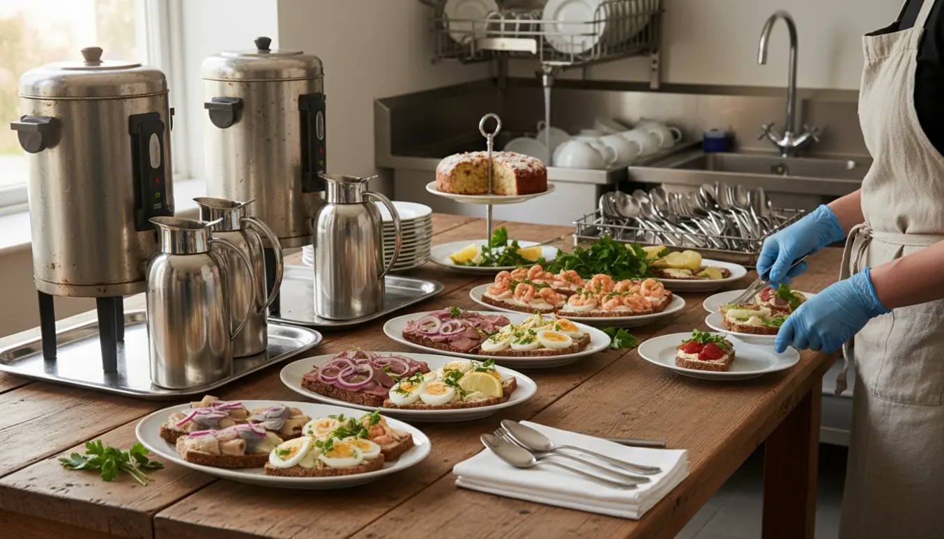 Buffet med anrettede smørrebrød, kaffetermokander og personale der arrangerer og fylder opvaskemaskine.