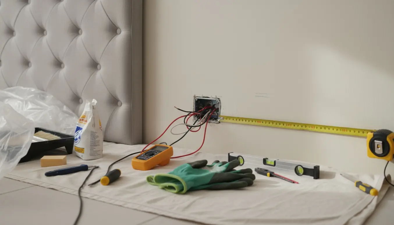 Nærbillede af værktøj og hænder ved en væg, hvor en stikkontakt flyttes for at give plads til en sengegavl.