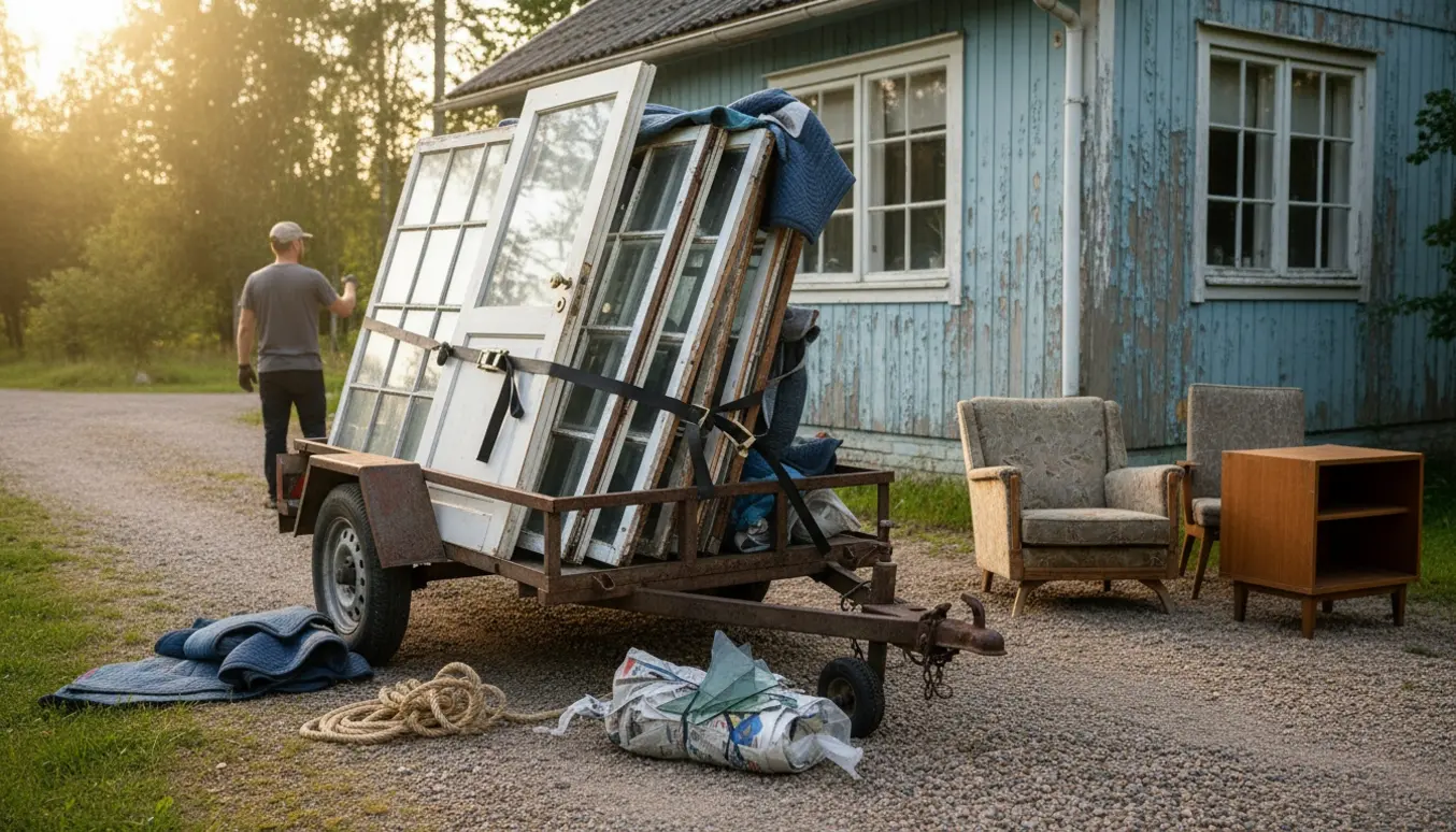 Gamle vinduesrammer, en dør og møbler stablet på en trailer ved et sommerhus klar til bortskaffelse.