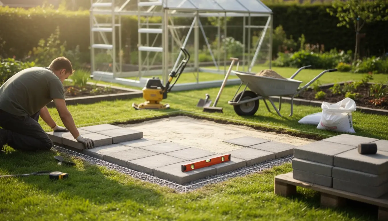 Hænder placerer en 60x60 cm flise på forberedt sand- og grusbund til et drivhus, omgivet af værktøj.