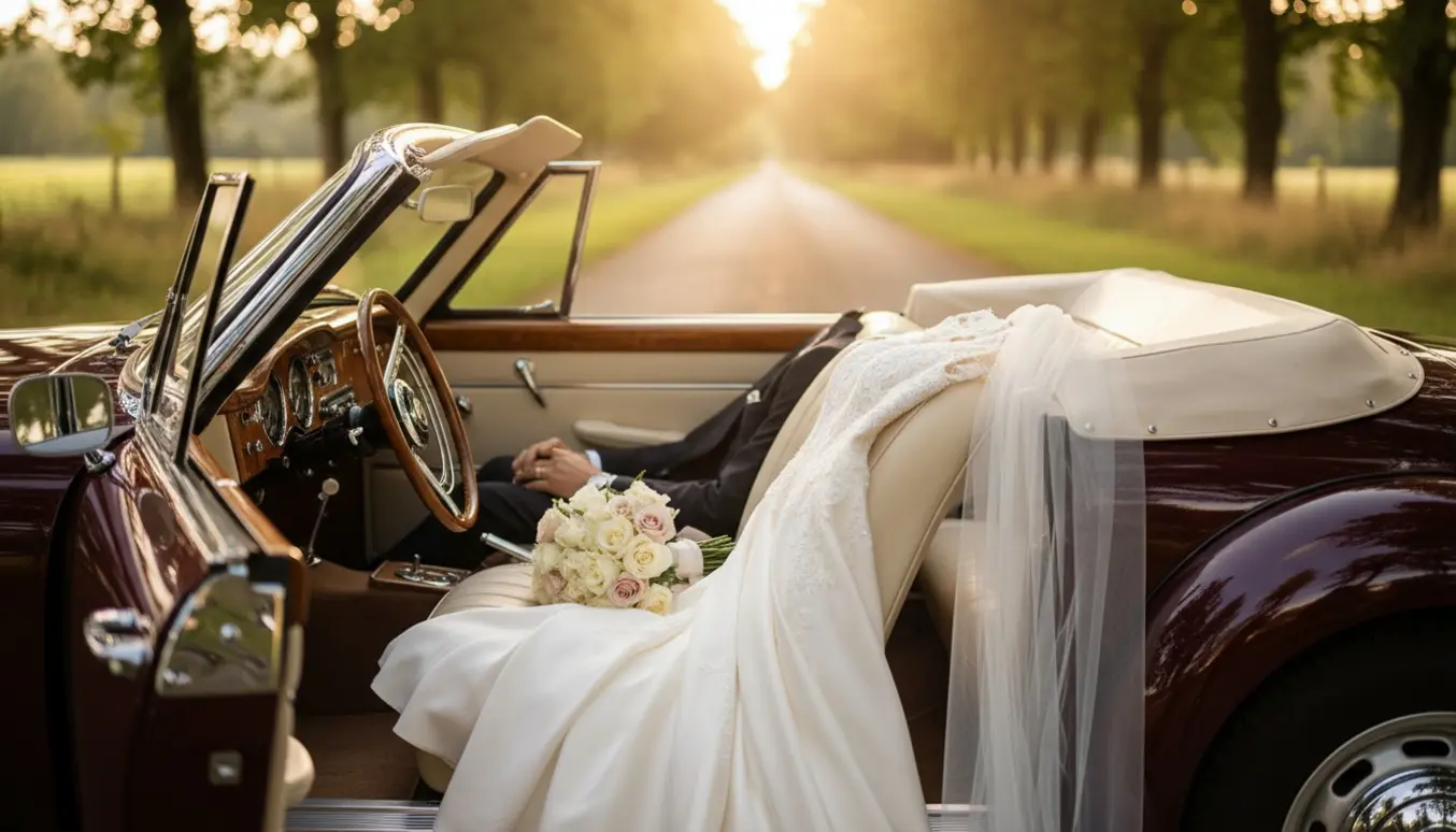 Åben vintage cabriolet uden tag med brudekjole og buket i sædet ved solnedgang.
