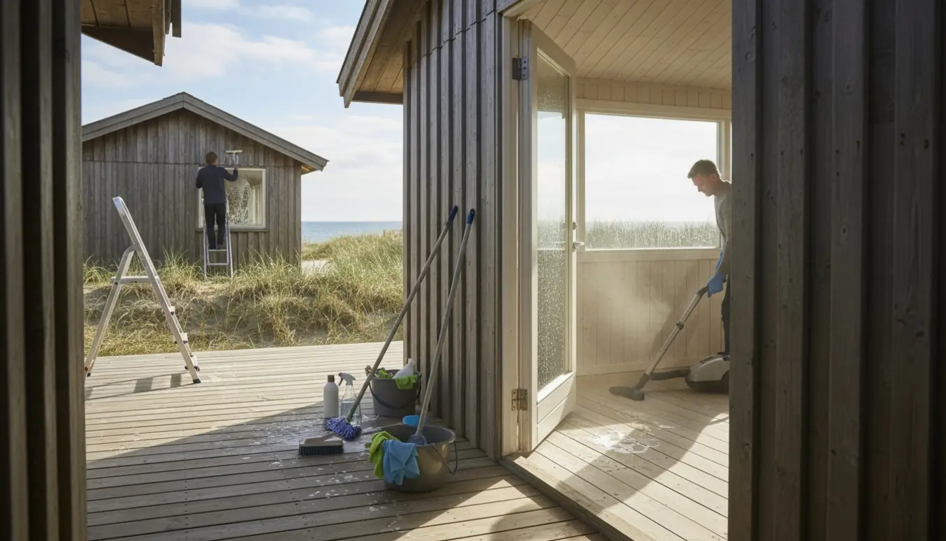 To sommerhuse på Svinø Strand bliver rengjort indvendigt og udvendigt med støvsuger, moppe og vinduespudsning.