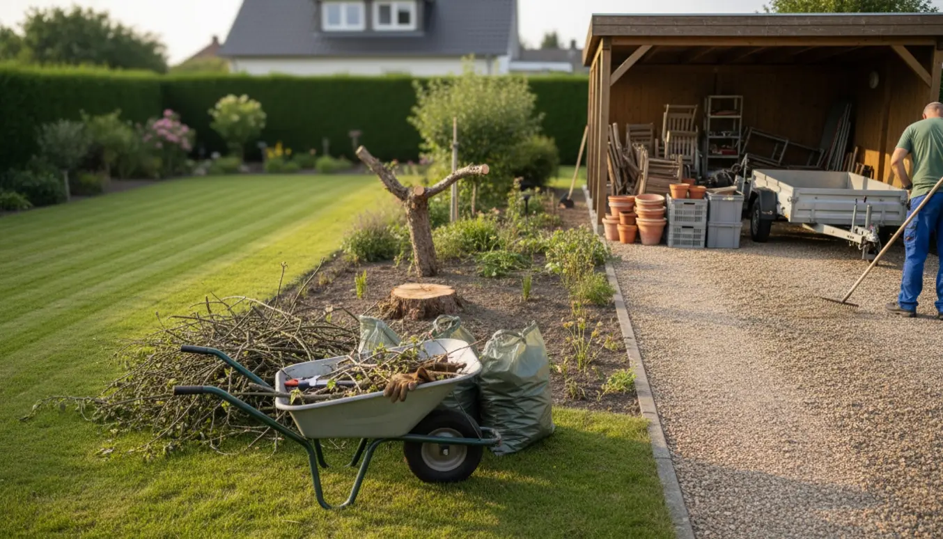 Have med nyslået græs, nedskårne grene i trillebør og organiseret storskrald ved carporten.