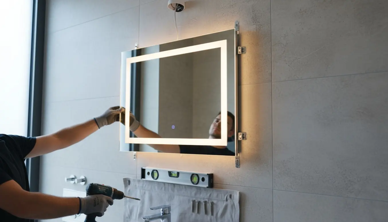 Hænder monterer et rektangulært LED-spejl på en flisevæg med bore- og monteringsværktøj synligt.