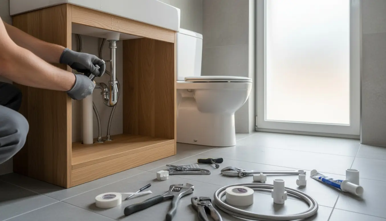 Montør monterer toilet og 50x60 vaskeskab med vask og armatur i et lyst badeværelse.