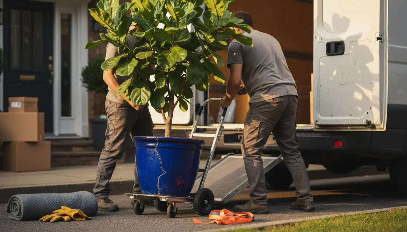 Stor tung stueplante bliver læsset i en varevogn ved fortovet med dolly og arbejdshandsker synlige.