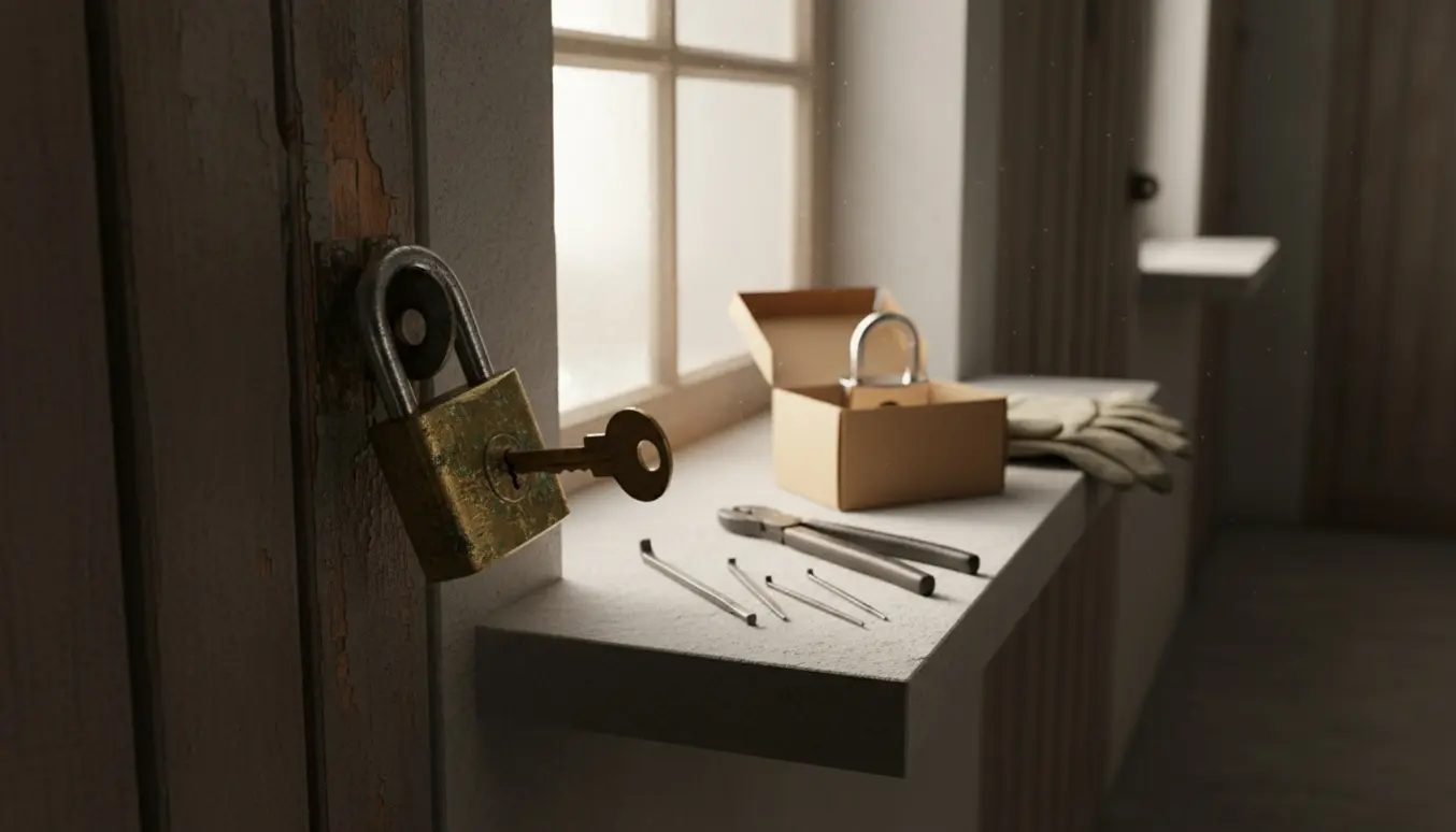 Nærbillede af en nøgle, der sidder fast i en hængelås ved kælderdøren med låsetools og en ny lås ved siden af.