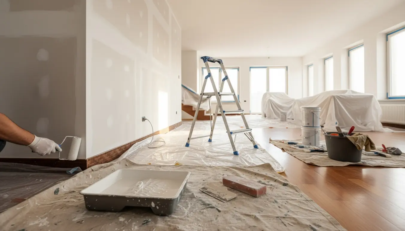 Solfyldt stue i villa under indvendig hvid maling med afdækning, malerværktøj og nyligt spartlede vægge.