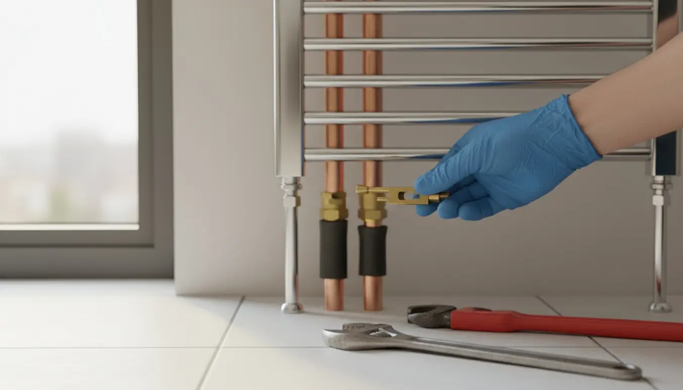 Nærbillede af en hånd, der flytter termostatføleren fra returrøret til fremløbsrøret ved en håndklædetørrer.