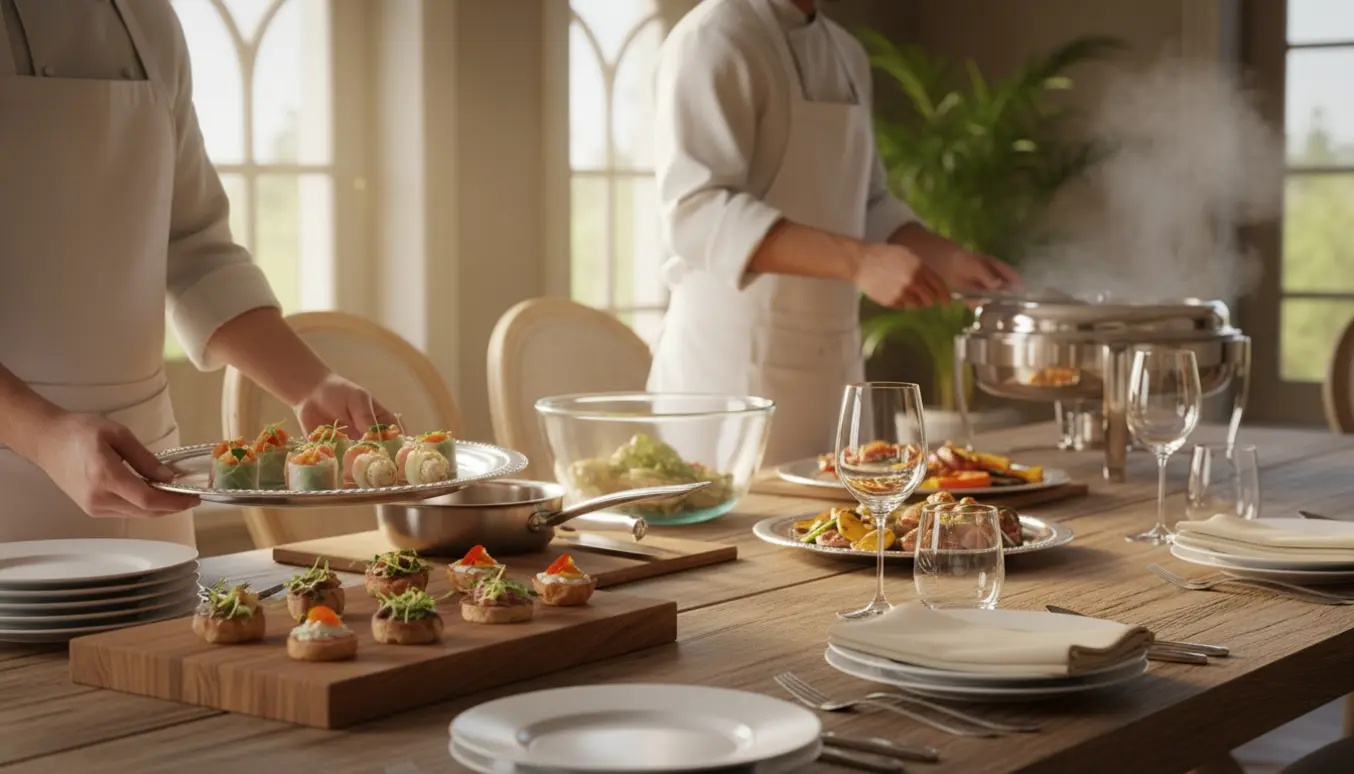 Serveringspersoner forbereder og sætter småretter på et dækket bord i et privat køkken, med fokus på hænder og værktøj.