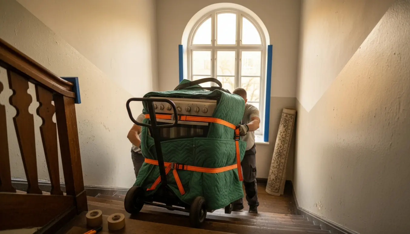 Flyttefolk bærer et indpakket gaskomfur med elovn op ad en trappe i en dansk opgang.