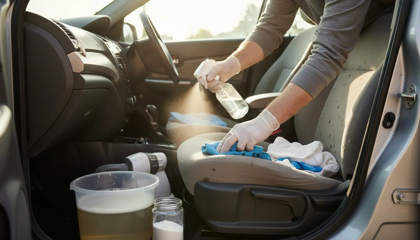 Hænder i handsker fjerner mug fra bilsæde med sprayflaske og klud i en åben bil i sollys.