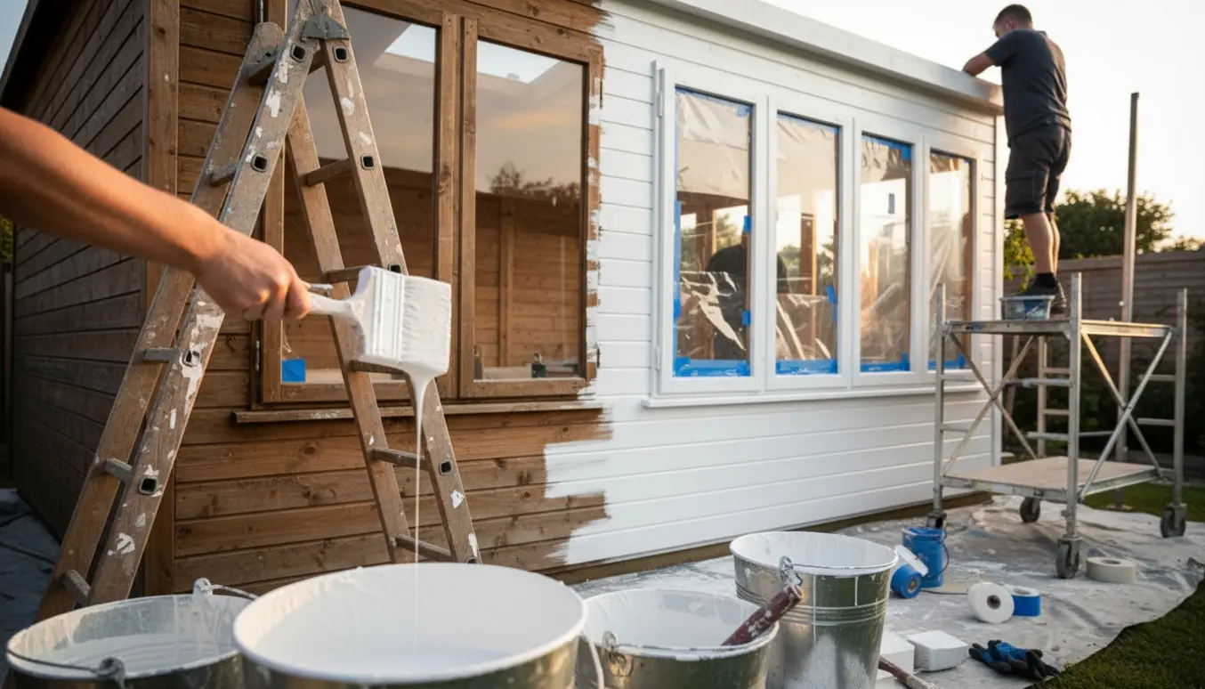 Sommerhus får kalket facade og udestue med malere på stiger og kalkbøtter i forgrunden.