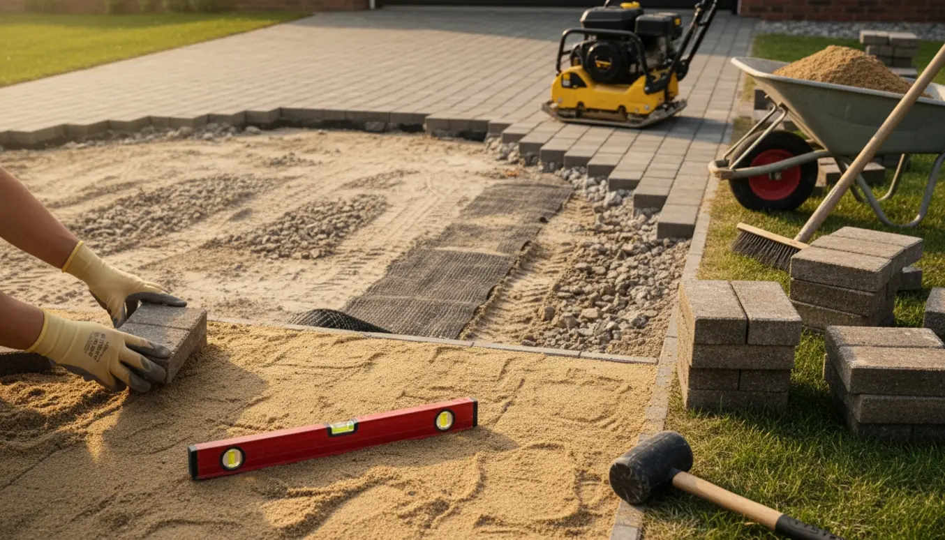 Nærbillede af genlægning af indkørselsfliser med synligt uordnet underlag, værktøj og kørespor.