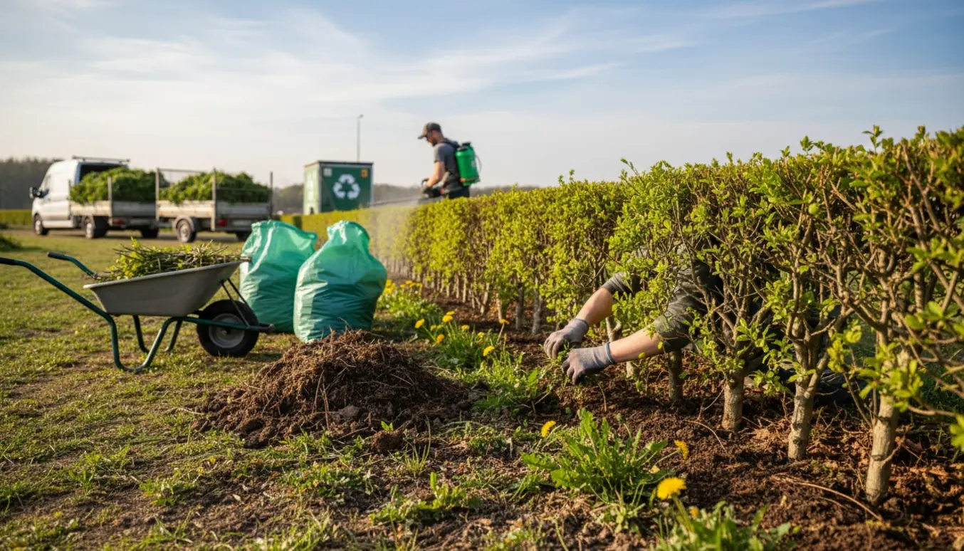 Lang hæk klippes og renses om foråret med fjernelse af ukrudt, tørre blade, gødning og samlet haveaffald klar til bortskaffelse.