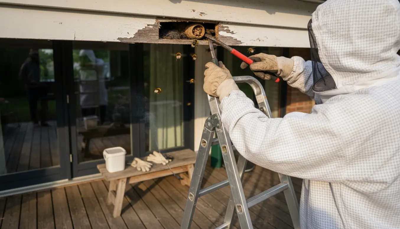 Tekniker i beskyttelsesdragt på stige fjerner et brumbassebo under husets tagudhæng ved terrassedøren.