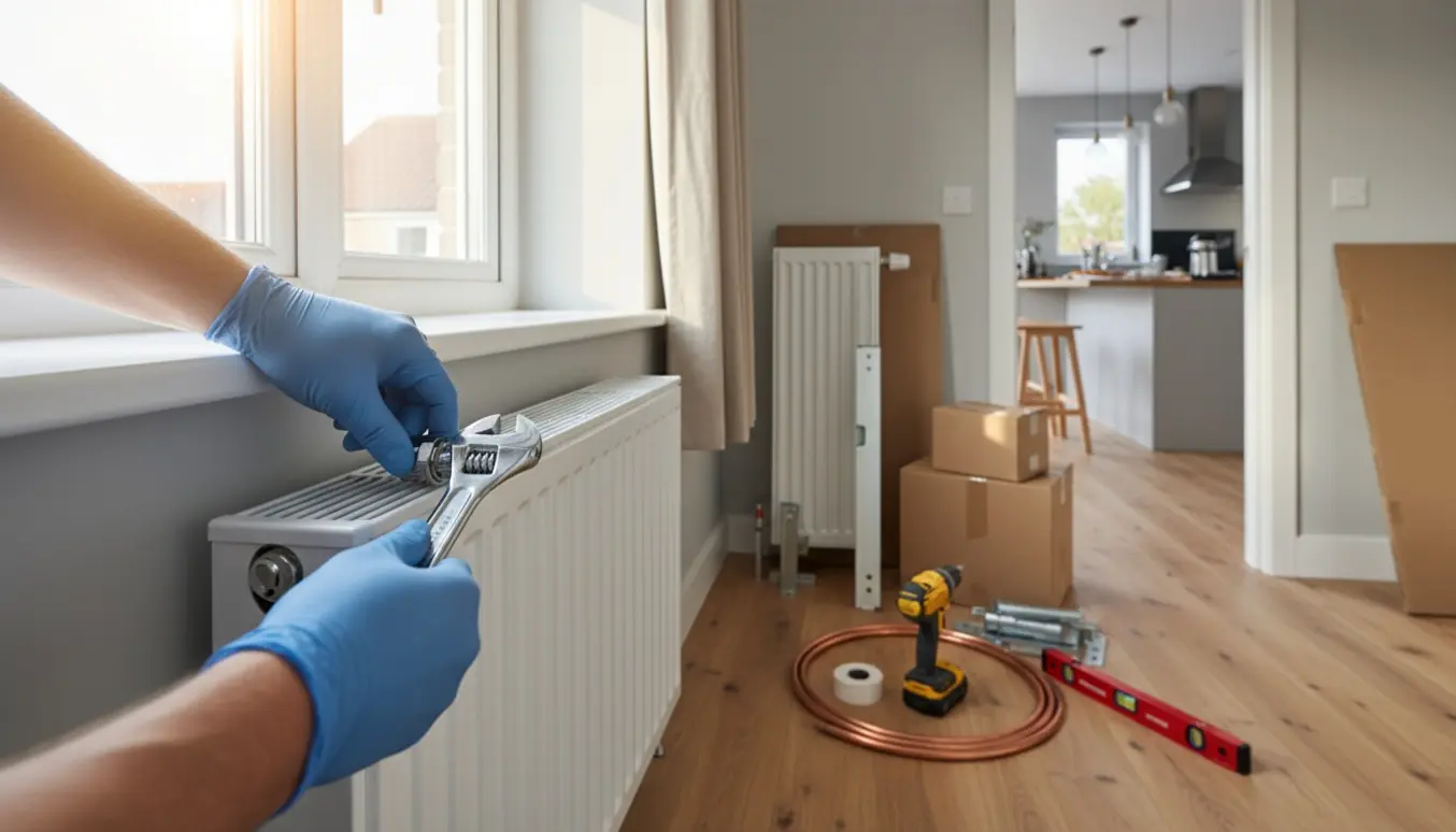 Installatør strammer ventil på ny radiator i soveværelse, med en pakket radiator klar i køkken-alrummet.