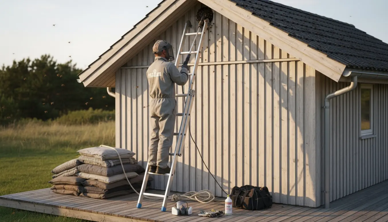 En tekniker i værnedragt fjerner et gedehamsbo i kippen på et sommerhus over en terrasse.