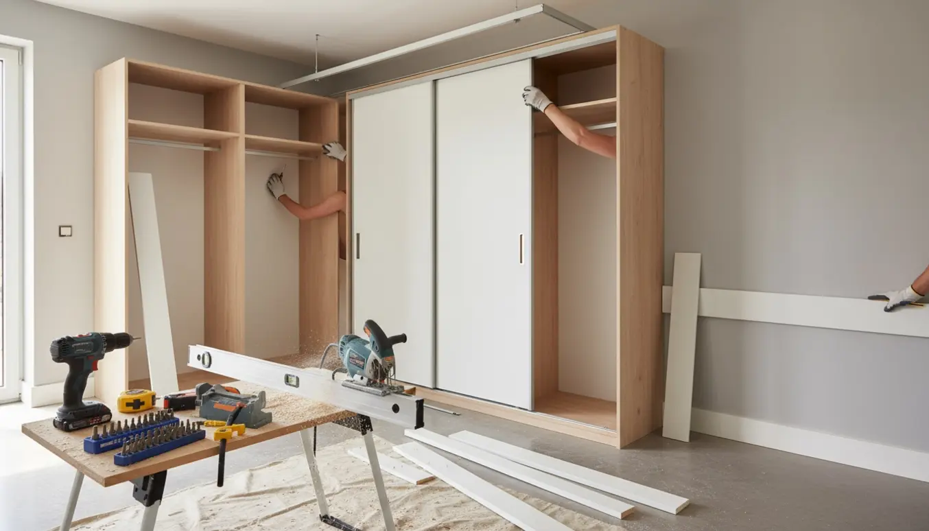 Arbejdshænder monterer loft- og gulvskinner til skydedøre og sætter fodlister op i et lyst rum.